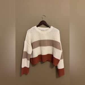 Elegant Striped Crew Neck Sweater - White, Brown, Tan